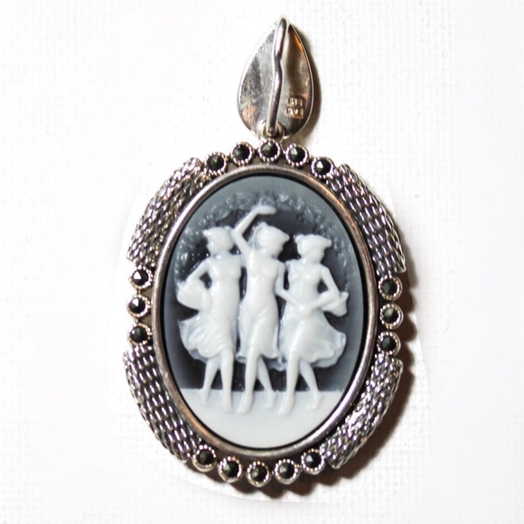 Vintage Jewelry - Vintage 925 Sterling Silver and Marcasite Cameo